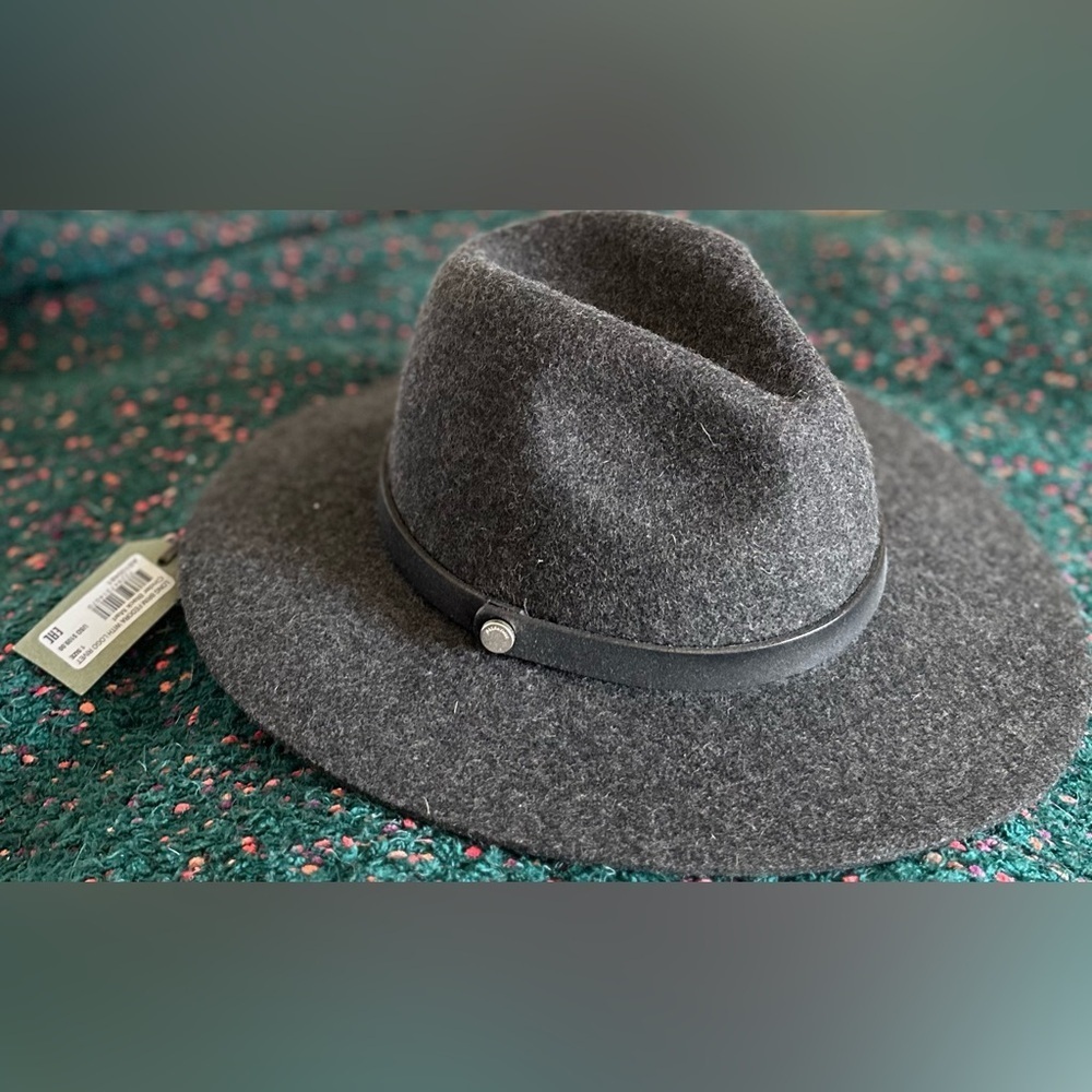 ‼️RARE‼️🎸ALL SAINTS🎸🔥NWT🔥Long Brim Fedora w/ Logo Rivet in Cinder Black Marl